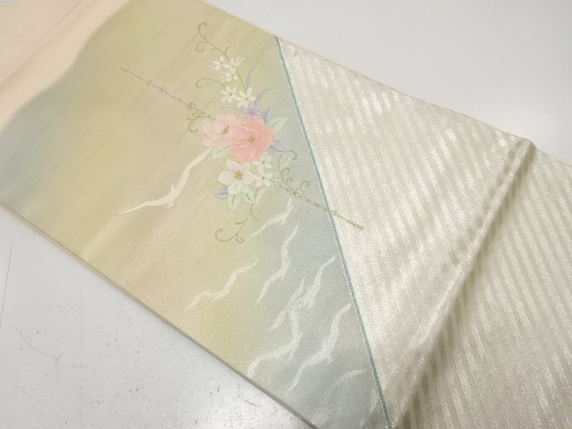 花にカモメ模様　刺繍　名古屋帯